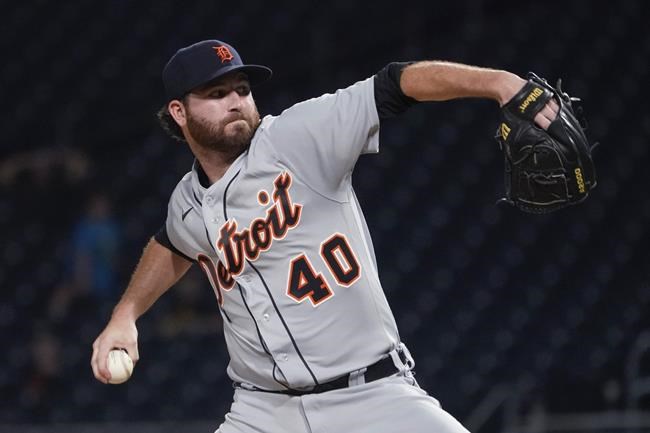 Detroit Tigers relief pitcher Drew Hutchinson throws to a Pittsburgh Pirates batter during the fifth inning of a baseball game Wednesday, Sept. 8, 2021, in Pittsburgh. (AP Photo/Keith Srakocic)