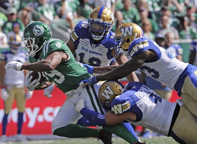 Saskatchewan Roughriders running back William Powell fights for yards during first half CFL action against the Winnipeg Blue Bombers, in Regina, Sunday, Sept. 1, 2019. After opening the season within the friendly confines of Mosaic Stadium, running back William Powell and the Saskatchewan Roughriders will head into a very hostile environment. THE CANADIAN PRESS/Mark Taylor