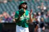 Oakland Athletics pitcher Sean Manaea walks to the dugout after retiring the Chicago White Sox during the seventh inning of a baseball game in Oakland, Calif., Thursday, Sept. 9, 2021. (AP Photo/Jeff Chiu)