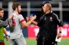Toronto FC coach Javier Perez, right, is congratulated by forward Patrick Mullins (13) at the conclusion of the second half of an MLS soccer match against the New England Revolution, Wednesday, July 7, 2021, in Foxborough, Mass.&nbsp; THE CANADIAN PRESS/AP/Charles Krupa