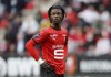 FILE - In this Saturday, Aug. 29, 2020 file photo, Rennes' Eduardo Camavinga looks on during their League One soccer match against Montpellier, at the Roazhon Park stadium in Rennes, France. Spain’s state television has on Friday, Sept. 10, 2021 condemned and apologized for a racist comment made by a guest sports commentator during the presentation of Real Madrid player Eduardo Camavinga. Analyst Lorena Gonzalez was heard off-camera saying “this guy is blacker than his suit