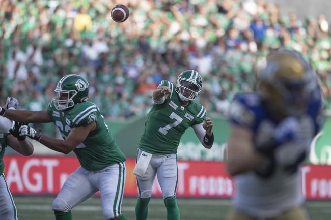 Saskatchewan Roughriders quarterback Cody Fajardo (7) throws during first half CFL football action against the Winnipeg Blue Bombers, in Regina, Sunday, Sept. 5, 2021. THE CANADIAN PRESS/Kayle Neis