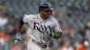 Tampa Bay Rays' Wander Franco hits a single against the Detroit Tigers in the first inning of a baseball game in Detroit, Friday, Sept. 10, 2021. (AP Photo/Paul Sancya)