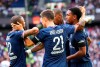 PSG's Ander Herrera, centre, celebrates with teammates after scoring his side's opening goal during the French League One soccer match between Paris Saint-Germain and Clermont at the Parc des Princes stadium in Paris, France, Saturday, Sept. 11, 2021. (AP Photo/Michel Euler)