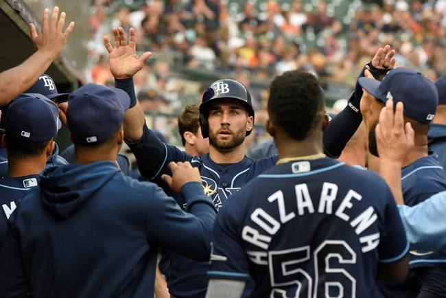 Tampa Bay Rays' Kevin Kiermaier, middle, is congratulated after scoring a run against the Detroit Tigers duirng the second inning of a baseball game Saturday, Sept. 11, 2021, in Detroit. (AP Photo/Jose Juarez)