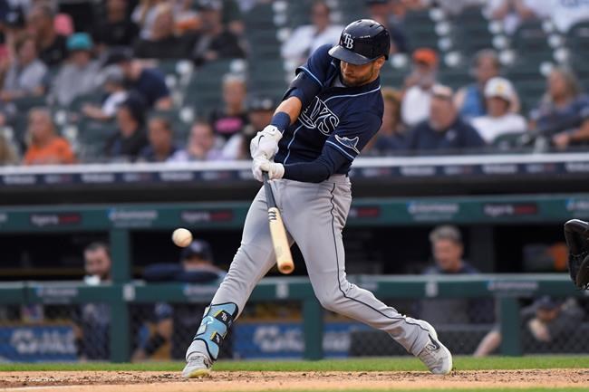 Tampa Bay Rays' Kevin Kiermaier hits a double against the Detroit Tigers during the fourth inning of a baseball game Saturday, Sept. 11, 2021, in Detroit. (AP Photo/Jose Juarez)