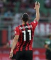 Milan's Zlatan Ibrahimovic celebrates after scoring his side's seconf goal during the Italian Serie A soccer match between Milan and Lazio at the San Siro stadium in Milan, Italy, Sunday, Sept. 12, 2021. (Spada/LaPresse via AP)