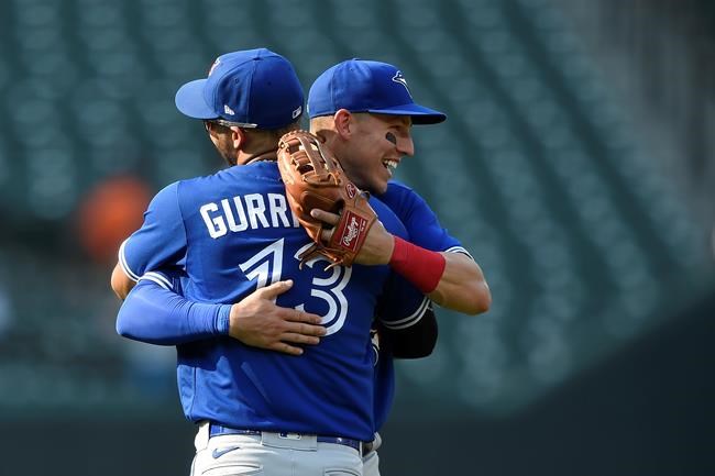 Toronto Blue Jays' Lourdes Gurriel Jr., left, and Jake Lamb celebrate their win over the Baltimore Orioles in a baseball game Sunday, Sept. 12, 2021, in Baltimore. (AP Photo/Gail Burton)
