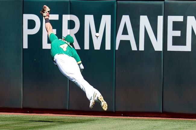 Oakland Athletics right fielder Chad Pinder cannot catch an RBI-triple by Texas Rangers' Leody Taveras during the fourth inning of a baseball game in Oakland, Calif., Sunday, Sept. 12, 2021. (AP Photo/Jeff Chiu)
