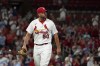 St. Louis Cardinals starting pitcher Adam Wainwright walks off the field after being removed during the ninth inning of a baseball game Wednesday, Sept. 8, 2021, in St. Louis. (AP Photo/Jeff Roberson)