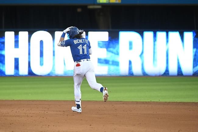 Toronto Blue Jays' Bo Bichette rounds the bases following his solo home run in the fifth inning against the Tampa Bay Rays in Toronto on Monday, Sept. 13, 2021. THE CANADIAN PRESS/Jon Blacker