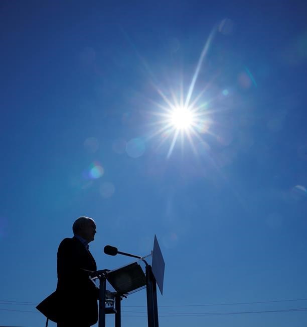 Conservative leader Erin OToole speaks during a campaign stop in Carp, Ontario on Monday, September 13, 2021. THE CANADIAN PRESS/Adrian Wyld