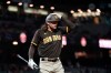 San Diego Padres' Jake Marisnick reacts after striking out against the San Francisco Giants during the seventh inning of a baseball game in San Francisco, Monday, Sept. 13, 2021. (AP Photo/Jeff Chiu)