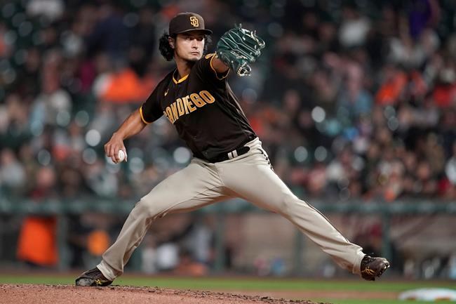 San Diego Padres' Yu Darvish pitches against the San Francisco Giants during the fourth inning of a baseball game in San Francisco, Monday, Sept. 13, 2021. (AP Photo/Jeff Chiu)