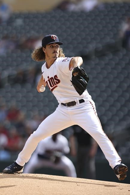 Minnesota Twins' pitcher Joe Ryan (74) throws against the Cleveland Indians during the first inning of the first baseball game of a doubleheader Tuesday, Sept. 14, 2021, in Minneapolis. (AP Photo/Stacy Bengs)