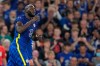 Chelsea's Romelu Lukaku celebrates after scoring his side's first goal during the Champions League Group H soccer match between Chelsea and Zenit St Petersburg at Stamford Bridge stadium in London Tuesday, Sept. 14, 2021. (AP Photo/Kirsty Wigglesworth)