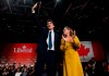 Liberal leader Justin Trudeau and wife Sophie Gregoire Trudeau celebrate at Liberal election headquarters in Montreal on October 22, 2019. THE CANADIAN PRESS/Sean Kilpatrick