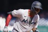 Miami Marlins' Jesus Sanchez celebrates as he runs the bases after hitting a two-run homer during the sixth inning of a baseball game against the Washington Nationals at Nationals Park, Wednesday, Sept. 15, 2021, in Washington. (AP Photo/Alex Brandon)