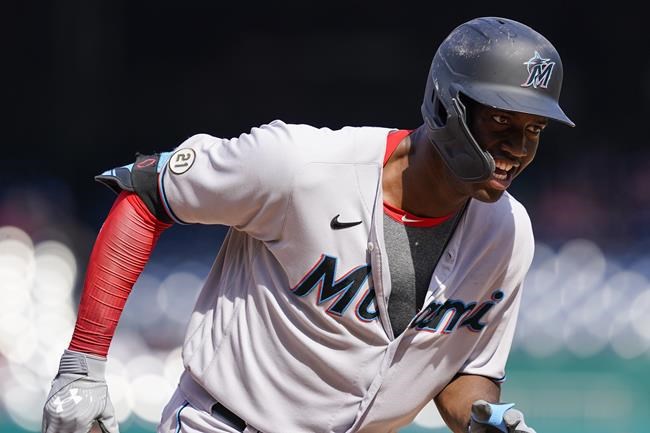 Miami Marlins' Jesus Sanchez celebrates as he runs the bases after hitting a two-run homer during the sixth inning of a baseball game against the Washington Nationals at Nationals Park, Wednesday, Sept. 15, 2021, in Washington. (AP Photo/Alex Brandon)
