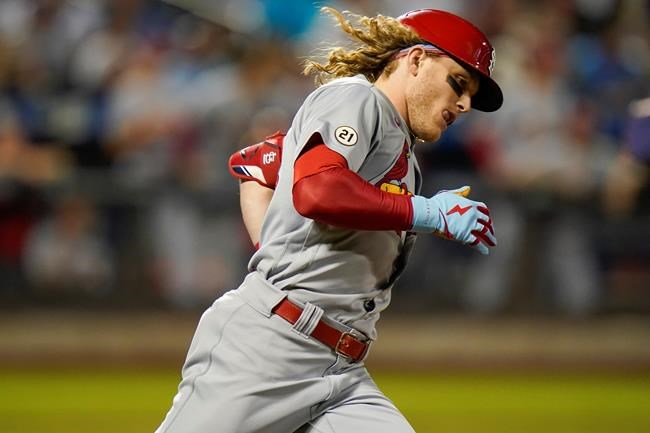 St. Louis Cardinals' Harrison Bader runs the bases after hitting a home run during the fourth inning of a baseball game against the New York Mets Wednesday, Sept. 15, 2021, in New York. (AP Photo/Frank Franklin II)