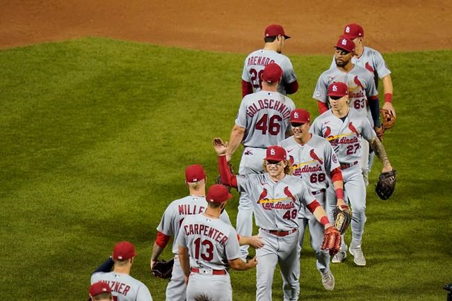 St. Louis Cardinals' Harrison Bader (48) celebrates with teammates after a baseball game against the New York Mets Wednesday, Sept. 15, 2021, in New York. The Cardinals won 11-4. (AP Photo/Frank Franklin II)