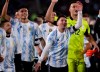 Argentina's players celebrate at the end a qualifying soccer match for the FIFA World Cup Qatar 2022, against Bolivia in Buenos Aires, Argentina, Thursday, Sept. 9, 2021. Argentina won 3 -1. (Juan Roncoroni/Pool via AP)