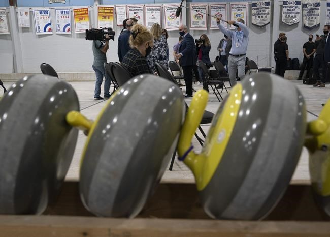 Conservative Leader Erin O'Toole speaks with supporters following a campaign stop at a curling rink Thursday, Sept. 16, 2021, in Saint John, N.B. THE CANADIAN PRESS/Adrian Wyld