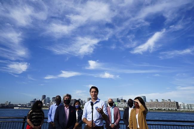 Liberal leader Justin Trudeau makes a campaign stop in Montreal, Quebec, on Thursday, Sept. 16, 2021. He's joined by wife Sophie Gregoire-Trudeau and Liberal candidates. THE CANADIAN PRESS/Sean Kilpatrick