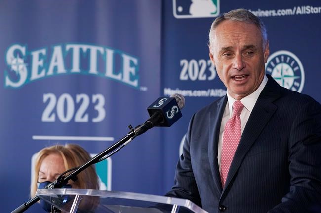 Baseball Commissioner Rob Manfred speaks during a news conference Thursday, Sept. 16, 2021, at the Space Needle in Seattle. Manfred announced that the Seattle Mariners will host the 2023 All-Star Game at T-Mobile Park. (AP Photo/Ted S. Warren)