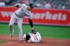 Baltimore Orioles' Anthony Santander is safe on a steal as New York Yankees second baseman Gleyber Torres tries to tag him during the third inning of a baseball game Thursday, Sept. 16, 2021, in Baltimore. (AP Photo/Gail Burton)