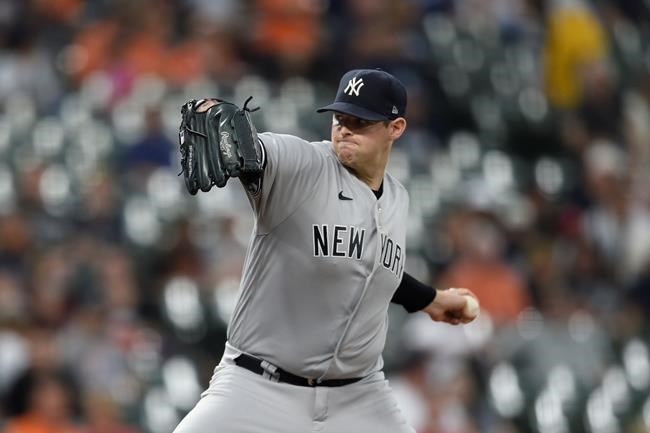 New York Yankees pitcher Jordan Montgomery throws against the Baltimore Orioles in the first inning of a baseball game Thursday, Sept. 16, 2021, in Baltimore. (AP Photo/Gail Burton)
