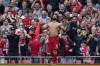 Liverpool's Mohamed Salah celebrates after scoring his side's second goal during the English Premier League soccer match between Liverpool and Crystal Palace at Anfield Stadium, Liverpool, England, Saturday Sep. 18, 2021. (AP Photo/Jon Super)