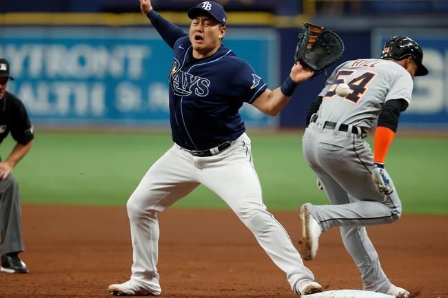 Detroit Tigers' Derek Hill (54) grounds out past Tampa Bay Rays first baseman Ji-Man Choi during the fifth inning of a baseball game Saturday, Sept. 18, 2021, in St. Petersburg, Fla. (AP Photo/Scott Audette)