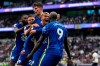 Chelsea's Thiago Silva, 2nd right, celebrates after scoring the opening goal during the English Premier League soccer match between Tottenham Hotspur and Chelsea at the Tottenham Hotspur Stadium in London, England, Sunday, Sep. 19, 2021. (AP Photo/Matt Dunham)