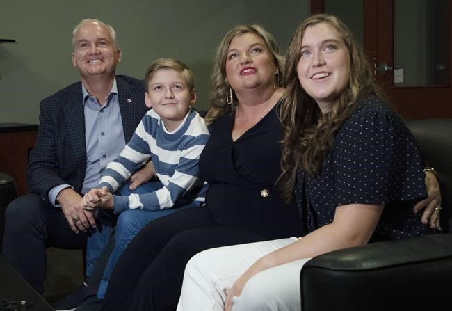Conservative leader Erin O'Toole, Rebecca O'Toole and children Jack and Mollie watch early election results at party election night head quarters Monday, September 20, 2021 in Oshawa, Ont. THE CANADIAN PRESS/Adrian Wyld