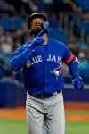 Toronto Blue Jays' Teoscar Hernandez reacts after his solo home run off Tampa Bay Rays pitcher Shane Baz during the second inning of a baseball game Monday, Sept. 20, 2021, in St. Petersburg, Fla. (AP Photo/Chris O'Meara)