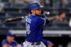 Toronto Blue Jays' Breyvic Valera watches his RBI double against the New York Yankees during the ninth inning of a baseball game Thursday, Sept. 9, 2021, in New York. THE CANADIAN PRESS/AP-Adam Hunger