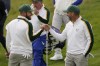 Team Europe's Sergio Garcia and Team Europe's Tyrrell Hatton fist pump on the sixth hole during a practice day at the Ryder Cup at the Whistling Straits Golf Course Wednesday, Sept. 22, 2021, in Sheboygan, Wis. (AP Photo/Jeff Roberson)