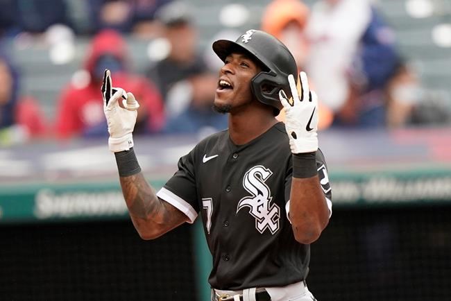 Chicago White Sox's Tim Anderson celebrates after hitting a three-run home run in the second inning in the first baseball game of a doubleheader against the Cleveland Indians, Thursday, Sept. 23, 2021, in Cleveland. (AP Photo/Tony Dejak)