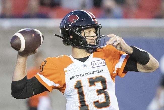B.C. Lions quarterback Michael Reilly throws a pass during first half CFL football action against the Montreal Alouettes in Montreal, Saturday, September 18, 2021. THE CANADIAN PRESS/Graham Hughes