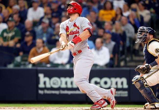St. Louis Cardinals' Paul Goldschmidt watches his two-run home run during the seventh inning of a baseball game against the Milwaukee Brewers, Thursday, Sept. 23, 2021, in Milwaukee. (AP Photo/Jeffrey Phelps)
