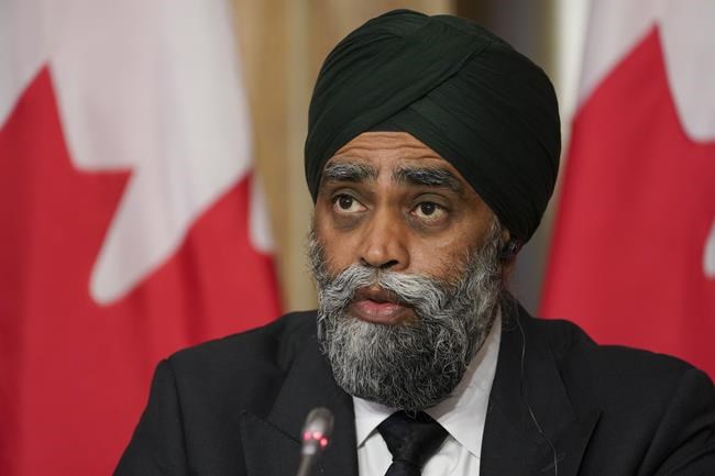 Harjit Sajjan, Minister of National Defence, speaks during press conference in Ottawa on Friday, July 23, 2021. Prime Minister Justin Trudeau is being urged by several experts on sexual misconduct in the military to name a new defence minister as he sets about building a new cabinet following Monday’s federal election. THE CANADIAN PRESS/Sean Kilpatrick