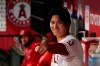 Los Angeles Angels designated hitter Shohei Ohtani gestures to other players in the dugout during the first inning of a baseball game against the Houston Astros Thursday, Sept. 23, 2021, in Anaheim, Calif. (AP Photo/Mark J. Terrill)