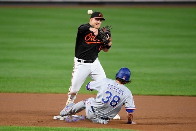 Texas Rangers' DJ Peters (38) is out at second as Baltimore Orioles second baseman Pat Valaika (11) throws to first to put out Jonah Heim for a double-play during the fourth inning of a baseball game, Friday, Sept. 24, 2021, in Baltimore. (AP Photo/Nick Wass)