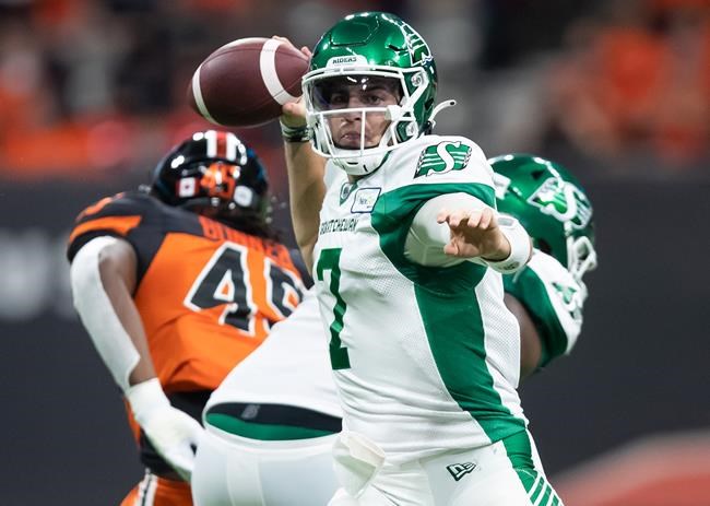 Saskatchewan Roughriders quarterback Cody Fajardo passes during the first half of a CFL football game against the B.C. Lions in Vancouver, on Friday, September 24, 2021. THE CANADIAN PRESS/Darryl Dyck