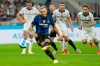 Inter Milan's Federico Dimarco fails to score a penalty kick during an Italian Serie A soccer match between Inter Milan and Atalanta, at the San Siro stadium in Milan, Italy, Saturday, Sept. 25, 2021. (AP Photo/Luca Bruno)