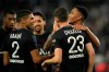 PSG's Julian Draxler, 2nd right, celebrates after scoring his side's second goal during the French League One soccer match between Paris Saint-Germain and Montpellier at the Parc des Princes stadium in Paris, Saturday, Sept. 25, 2021. (AP Photo/Christophe Ena)