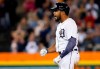 Detroit Tigers' Jeimer Candelario celebrates after hitting an RBI-double to drive in Miguel Cabrera against the Kansas City Royals during the sixth inning of a baseball game Saturday, Sept. 25, 2021, in Detroit. (AP Photo/Duane Burleson)