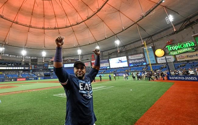Tampa Bay Rays' Nelson Cruz celebrates after beating the Miami Marlins 7-3 to clinch the American League East during a baseball game Saturday, Sept. 25, 2021, in St. Petersburg, Fla. (AP Photo/Steve Nesius)