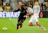 Columbus Crew forward Gyasi Zerdes (11) competes for a ball with CF Montreal defender Rudy Camacho (4) during the first half of an MLS soccer match in Columbus, Ohio, Saturday, Sept. 25, 2021. (Barbara J. Perenic/The Columbus Dispatch via AP)